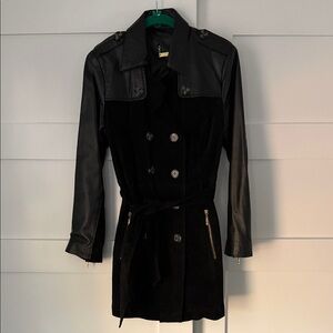 IMAN Black Trench Coat with Leather Accents